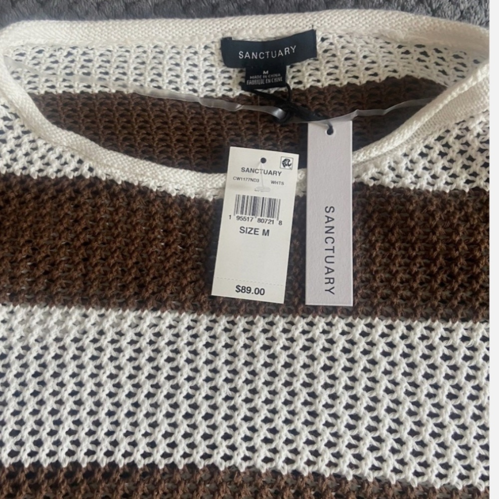 SANCTUARY while with brown stripes M Knit Pullover Sweater